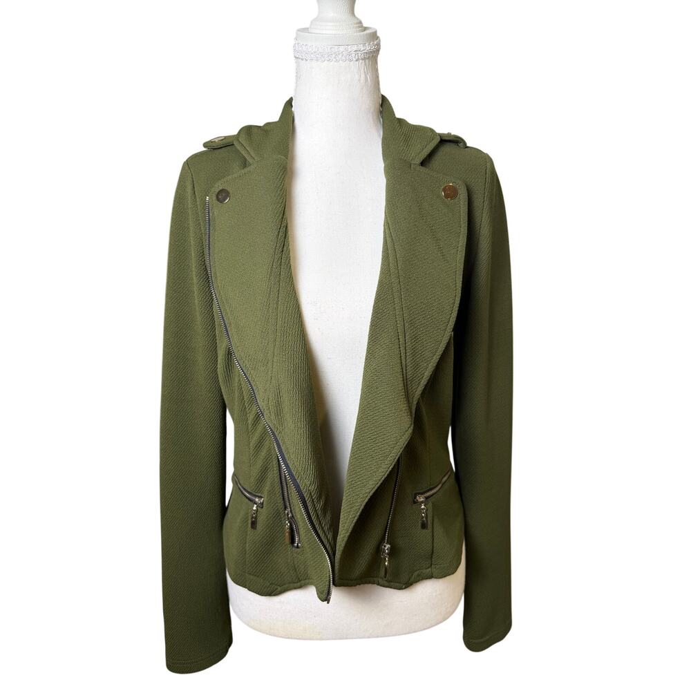 Windsor Olive Green Moto Jacket Asymmetrical Zip Textured Biker Style